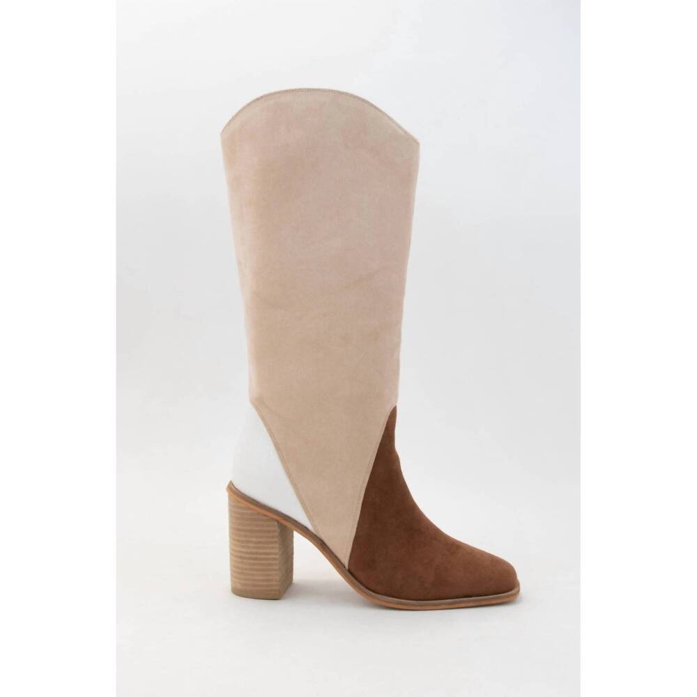 NEW CCOCCI women's three tone color block heeled boots in beige
